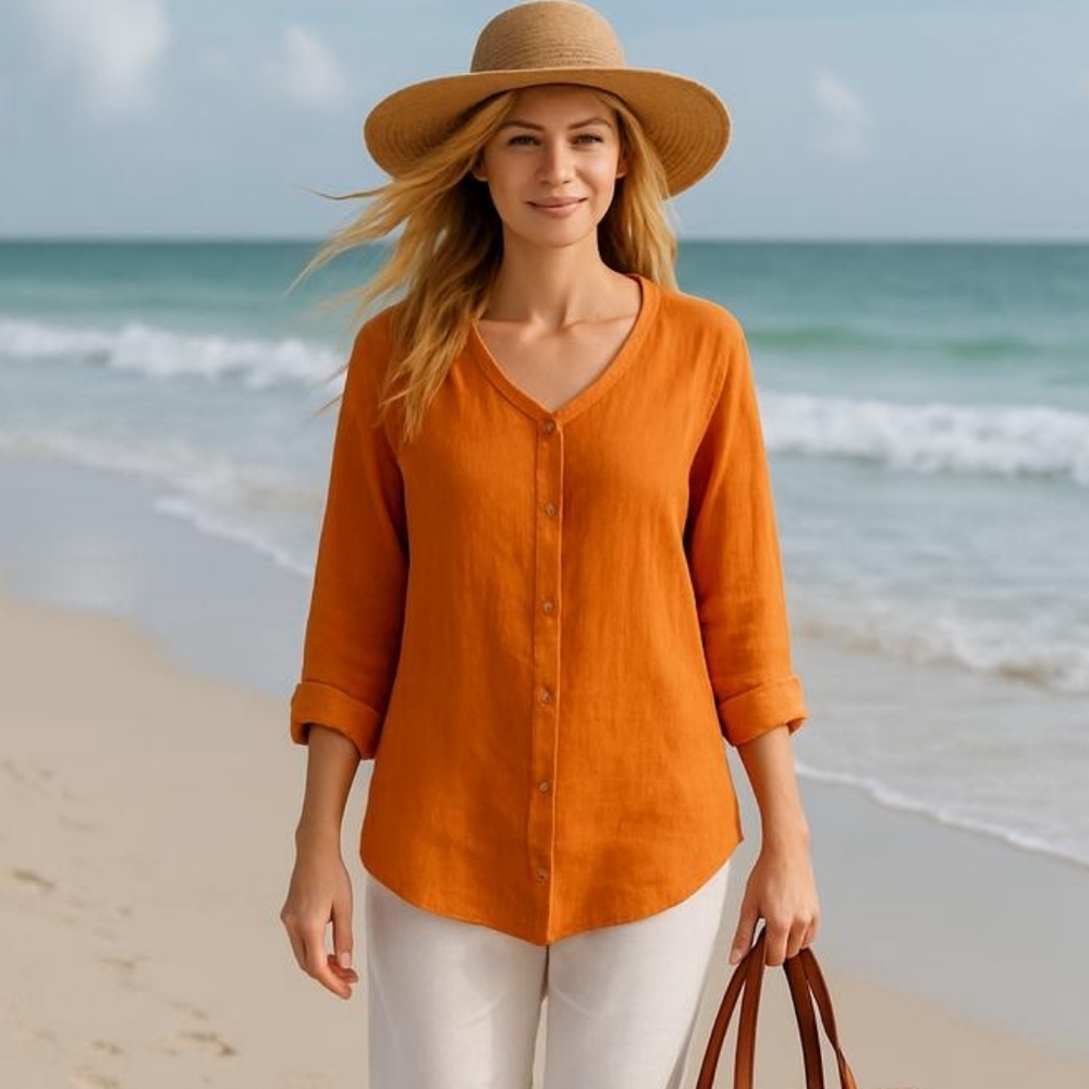 FLAX 100% linen button down long shirt tunic orange medium